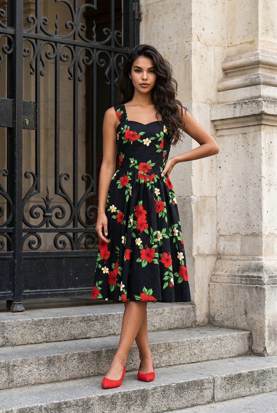 Royal Creations Sz XL Vintage Black Red Hibiscus Hawaii Smocked Back Zip Dress